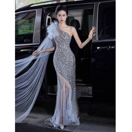 2024小个子亮片高级感气质礼服鱼尾新款晚礼服法式轻奢宴会裙名媛