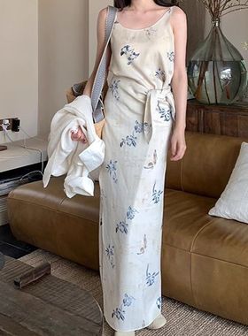 蓝铃雾 身裙清冷女气质感人Floati现货丝印花裹风无袖禅意连衣裙