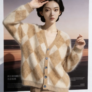 纯皇室拉绒毛衣外套针织衫慵懒开衫格 宽松新款显瘦秋冬羊绒菱形
