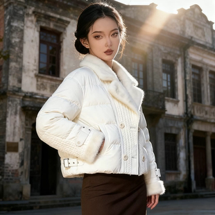新款鹅绒水貂白冬季女羽绒服高端桑蚕丝短款2024外套皮草欧货毛领