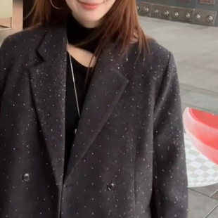 老钱风亮片毛呢西装羽绒外套2025冬新款宽松显瘦双排扣气质大衣女