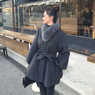 灰色灯笼袖毛呢羽绒外套女2026春中长款系带收腰显瘦气质保暖大衣