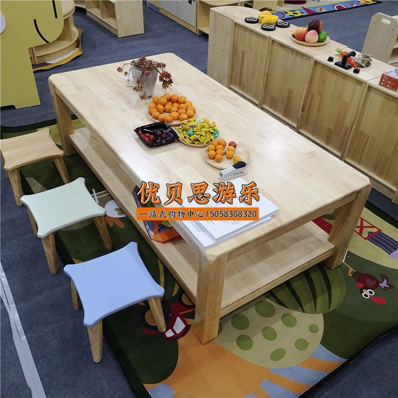 幼儿园美术室课桌8人绘画桌加厚实木橡木培训班儿童桌椅方形凳子