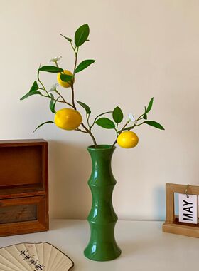 轻奢绿色陶瓷花瓶竹节瓶柠檬仿真花假花套餐摆件客厅桌面家居装饰