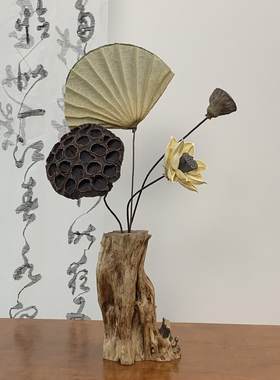 中式复古禅意实木干花花瓶摆件