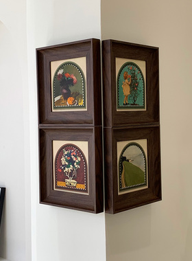 法式复古客厅拐角挂画高级感正方形沙发背景墙挂画中古风餐装饰画