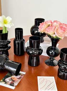 北欧ins风简约黑色玻璃花瓶水培鲜花插花仿真花创意家居装饰摆件