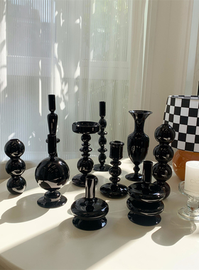 黑色玻璃烛台摆件 ins北欧风轻奢家用蜡烛台客厅桌面高级感装饰品