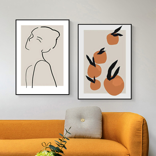 ins北欧风文艺小清新装饰画 复古小众抽象线条简笔人物橘子挂画