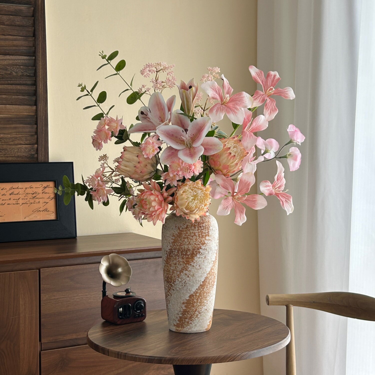 轻奢风高级感仿真花混搭花束百合尤加利叶粉色调组合插花花瓶摆设
