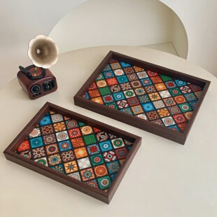 波西米亚异域风收纳盘客厅桌面首饰收纳家用木质托盘拍照道具摆件