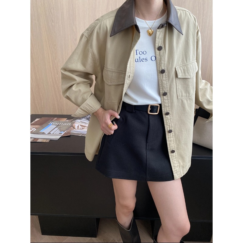 婉娩 街头巴恩风 撞色PU皮翻领工装感口袋休闲宽松外套