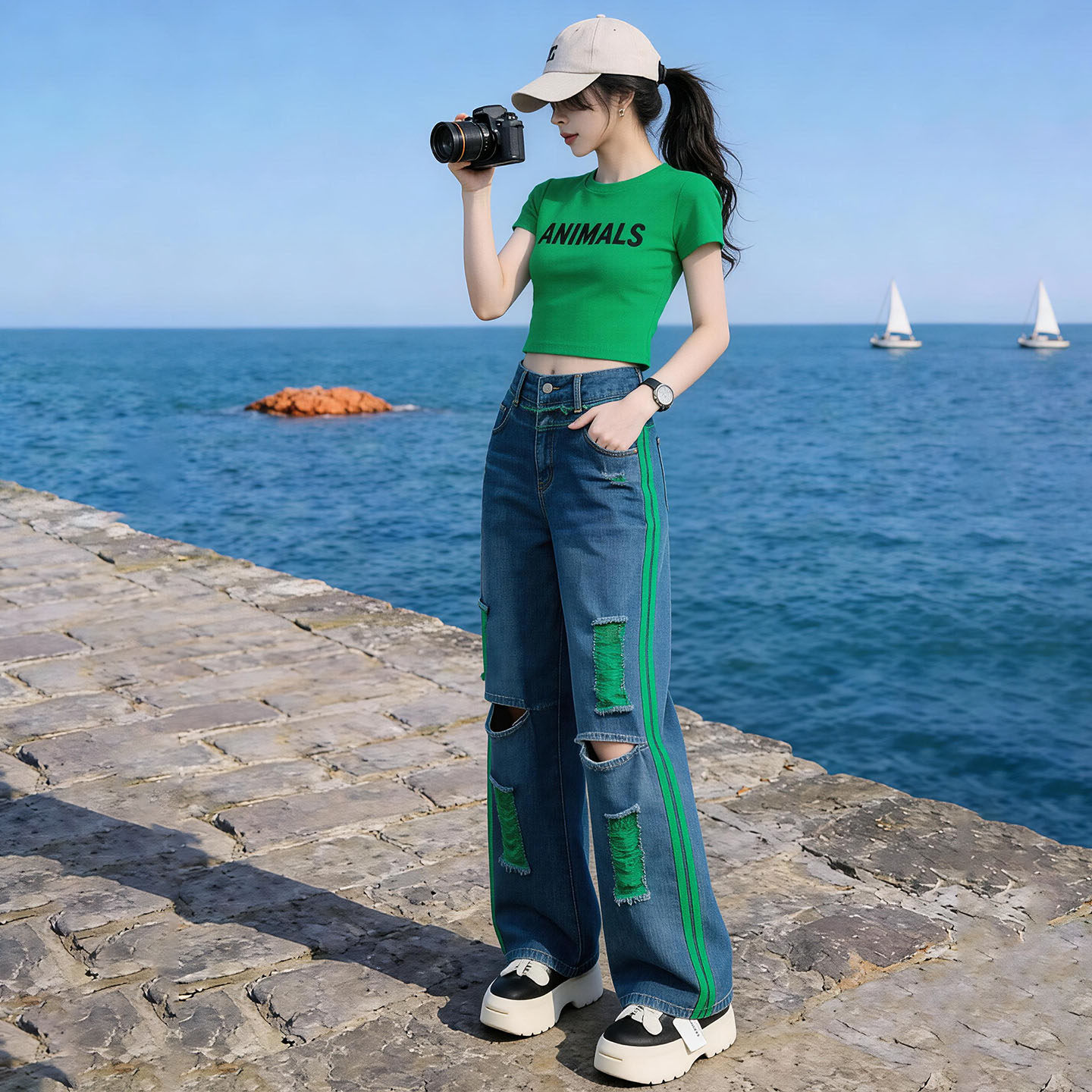 夏季休闲运动套装女装绿色短款短袖T恤上衣破洞牛仔裤显瘦两件套