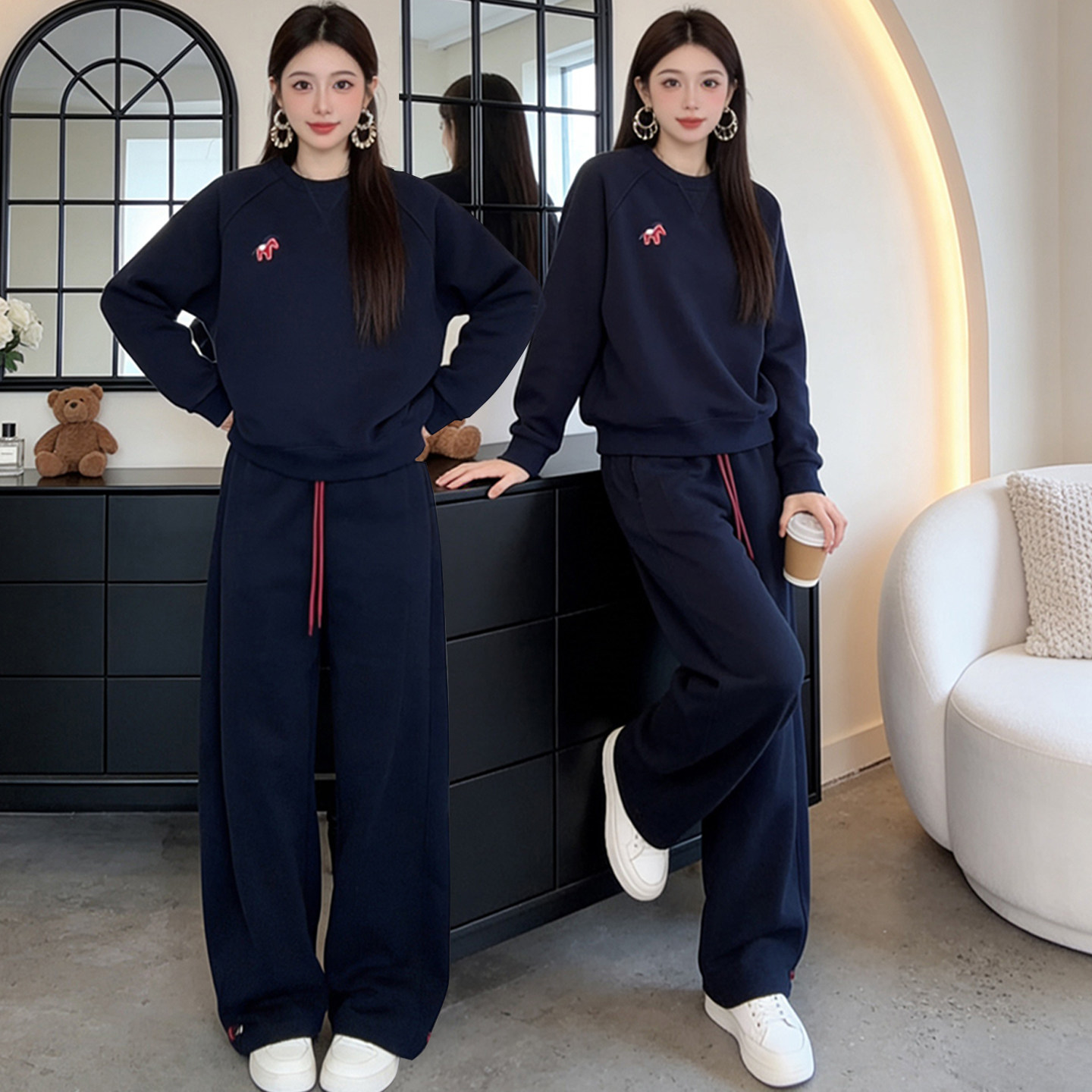 套简约时尚休闲运动套装春秋女深蓝色圆领宽松卫衣抽绳卫裤两件套,女装/女士精品,休闲运动套装,淘宝优惠券,粉丝福利购,淘宝优惠卷