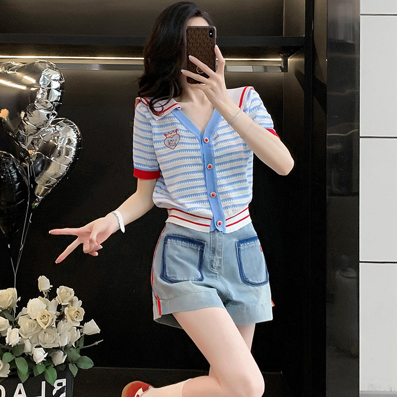 水手服短袖针织衫牛仔短裤套装女