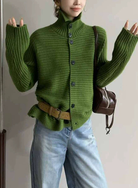 网红韩版高领绿色毛衣开衫秋冬新款宽松高级感时尚洋气针织衫上衣