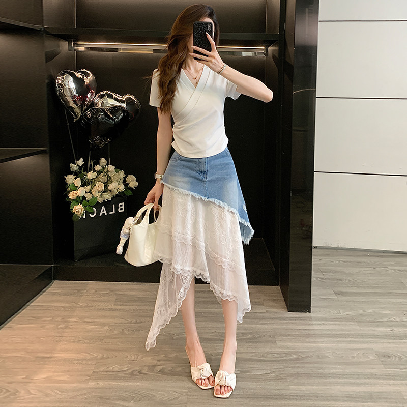 夏季蕾丝牛仔拼接半身裙两件套