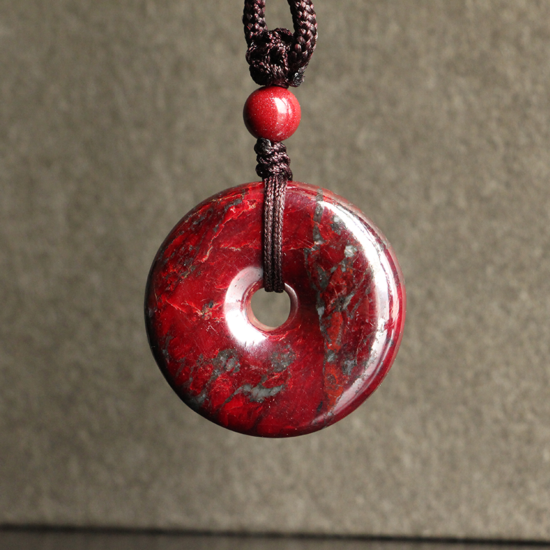 天然原矿朱砂平安扣吊坠项链