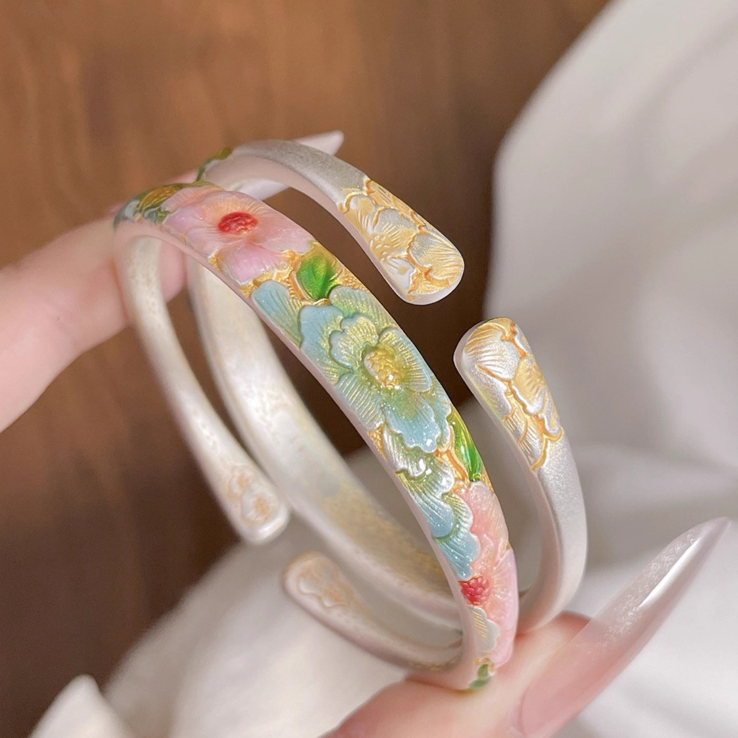 足银9999描金珐琅牡丹花手镯女纯银新中式国风高级感百搭开口镯子,饰品/流行首饰/时尚饰品新,银饰手镯,淘宝优惠券,粉丝福利购,淘宝优惠卷
