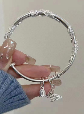 银手镯女9999纯银繁花铃兰蝴蝶