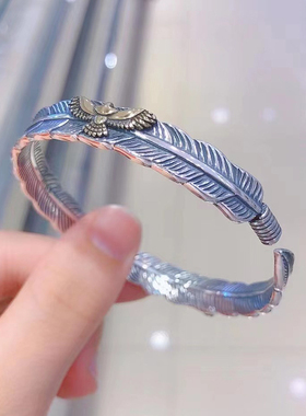 纯银复古潮流羽毛男女手镯个性开口情侣首饰镯子999足银简约手环