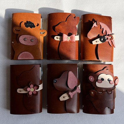 纯手工制作复古真皮活页夹账本牛皮日落黄色A7记事本笔记本卡通