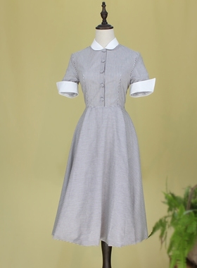 原创浅色系灰色细条小白圆领 撞白色短袖经典复古连衣裙