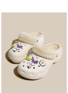 云朵加绒毛毛棉拖鞋女洞洞棉鞋防滑保暖软底秋冬学生厚底增高外穿