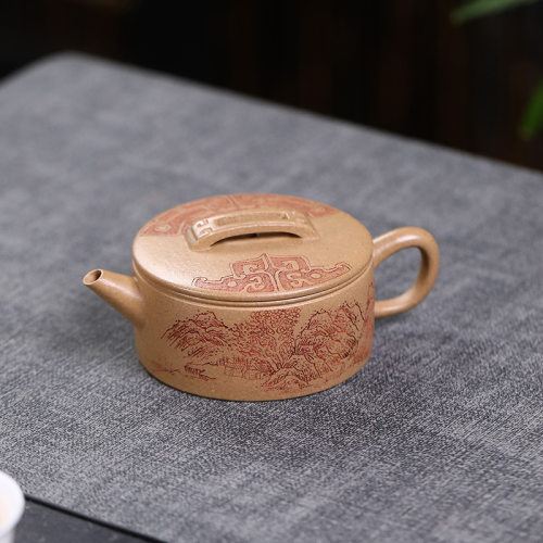 120cc山水汉瓦手工刻绘小品茶壶