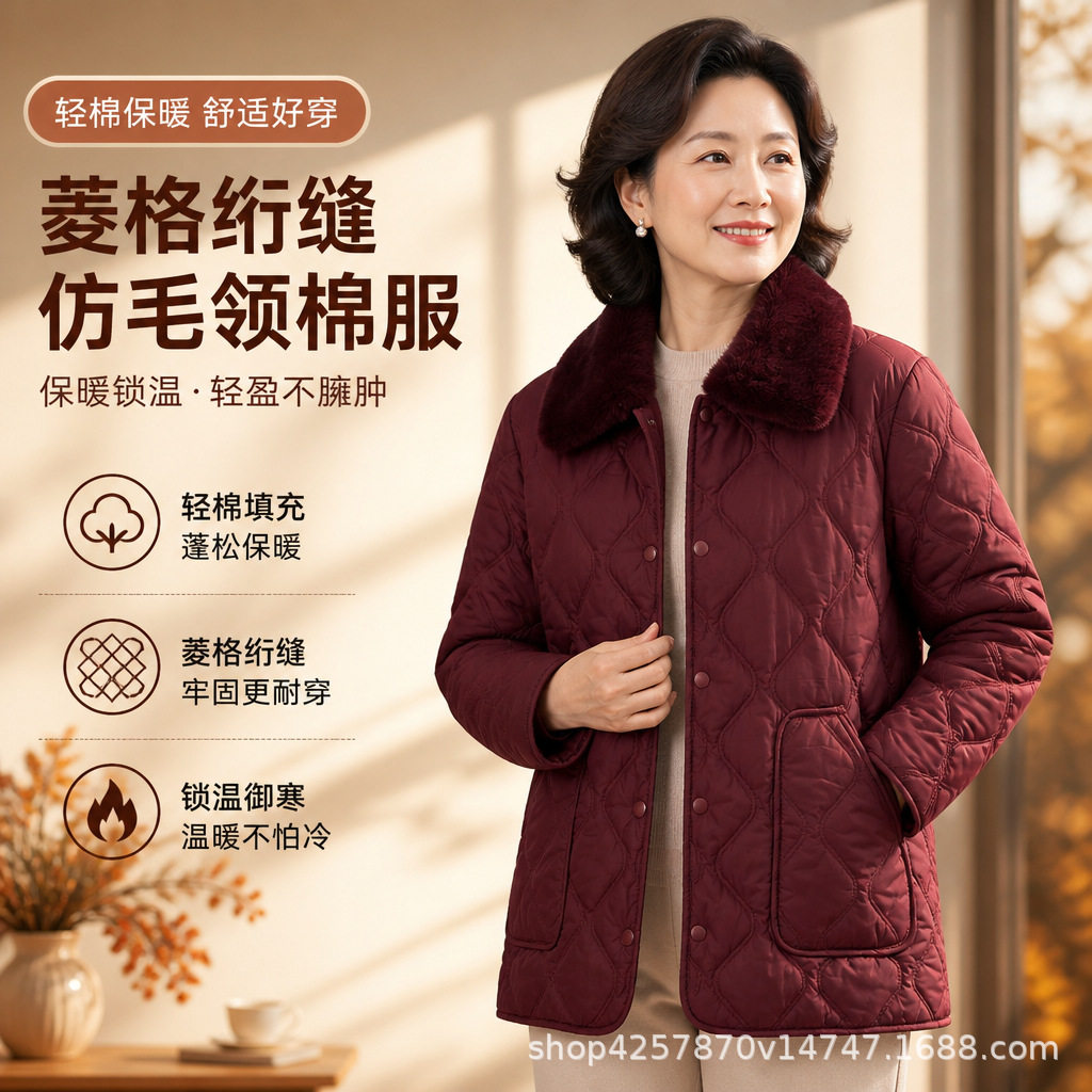 妈妈装菱格纹棉服女中老年翻领加绒保暖棉衣外套洋气棉袄女冬季