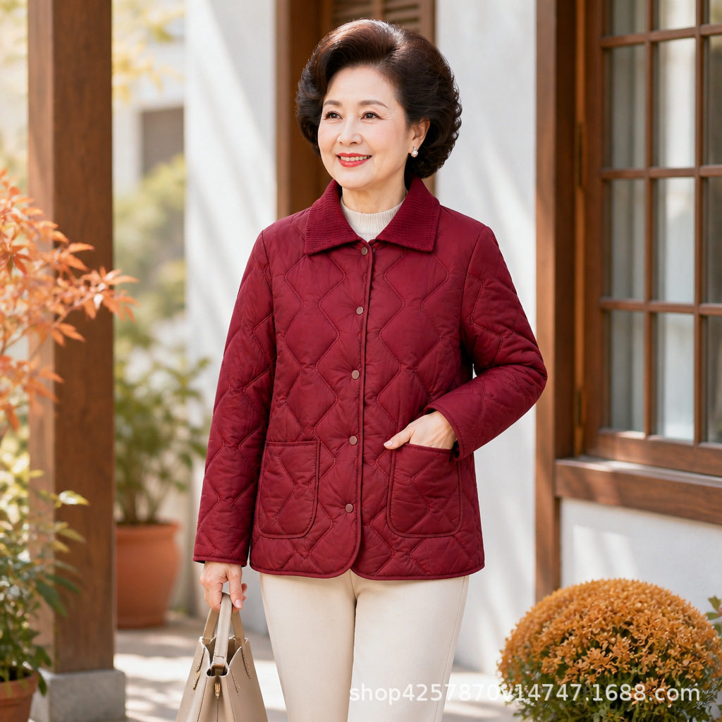 中老年妈妈棉衣保暖棉袄翻领棉服外套菱格秋冬针织领长袖纽扣女装