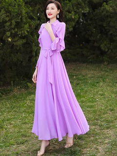 紫罗兰雪纺连衣裙女2024开春新款大摆裙长款长袖波西米亚渡假长裙