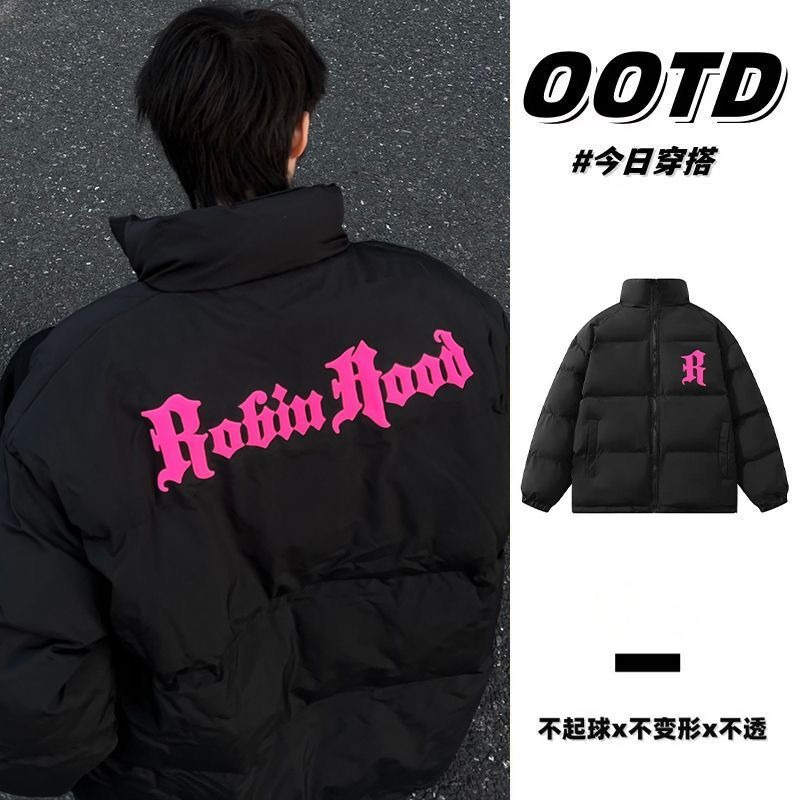 国潮牌高街美式oversize复古字母印花立领面包服百搭加厚棉服外套