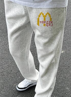 秋冬季加绒加厚黑色休闲宽松长男款美式高街潮牌时尚印花直筒卫裤