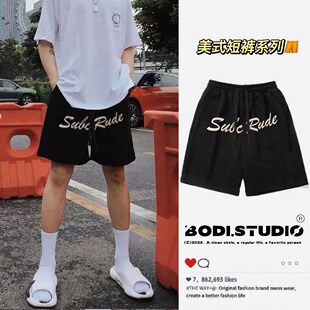 高街风字母印花宽松运动五分裤 男夏季 子 潮牌休闲短裤 vintage美式