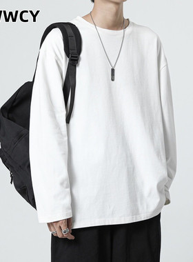 2025白色长袖t恤男潮牌春秋季圆领内搭上衣打底衫潮流百搭纯色男