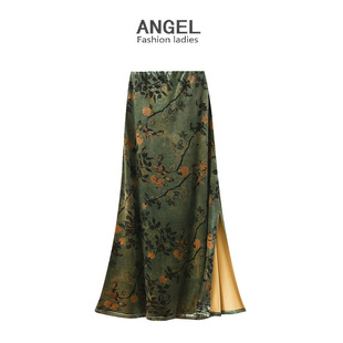 优雅气质印花丝绒半身裙秋季 国风复古碎花高腰显瘦A字长裙99951