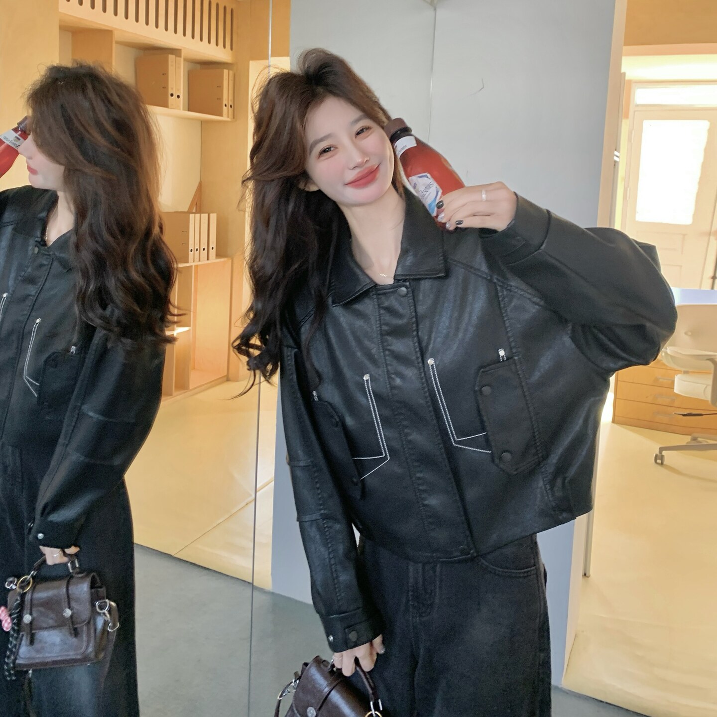 【出货】新款明线撞色皮衣2C200-2611-P175-K288,女装皮衣,2C200