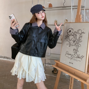 设计感条纹拼接黑色皮衣外套女2025年秋季新款小个子复古pu皮夹克图片