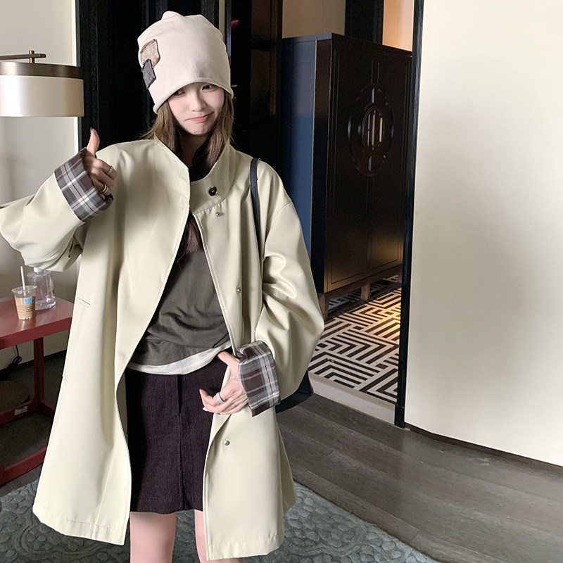 【】韩系格子卷边拼色风衣2C200-8837-P145-K208,女装风衣,2C200