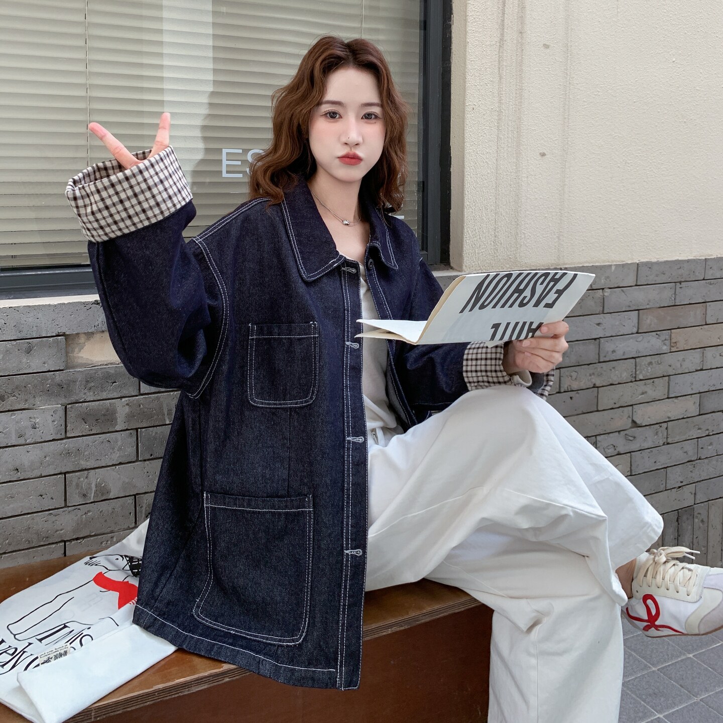【】拼接格子袖口大口袋牛仔外套2C200-2528-P155-K228,女装短外套,2C200