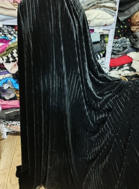 黑色丝绒横纹压皱四面弹力丝绒制衣服装裙子面料布料宽1.6米