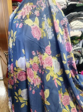 桑蚕丝绸紫罗兰底桃红紫色玫瑰花真丝乔其纱汉服裙制衣面布料1.4