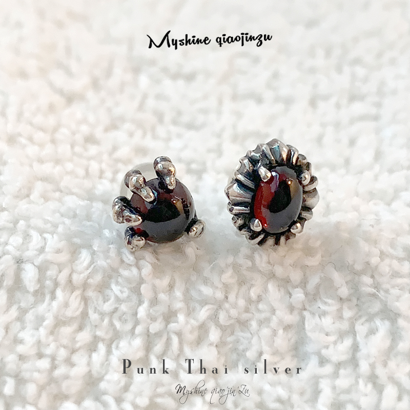 纯银朋克石榴石男女复古耳钉