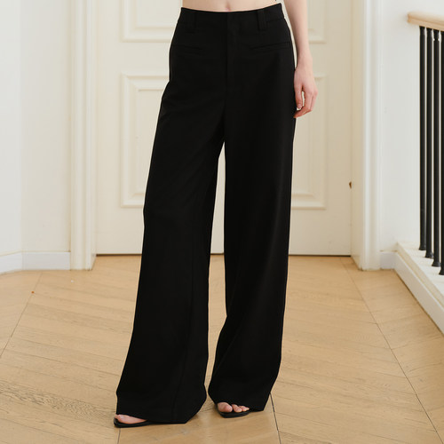MELLOW SENSE 羊毛天丝休闲高腰显瘦宽松阔腿黑色A字西装裤