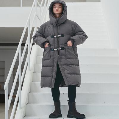 MELLOW SENSE长款牛角扣保暖防风羽绒服外套可拆卸帽子
