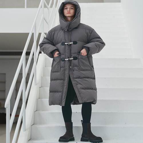 MELLOW SENSE长款牛角扣保暖防风羽绒服外套可拆卸帽子