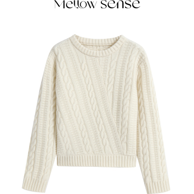 MELLOW SENSE经典老钱风软糯100%绵羊毛纯色慵懒绞花圆领毛衣