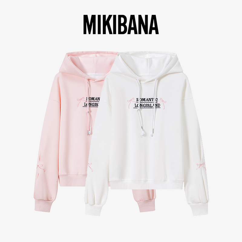 MIKIBANA纯色字母印花连帽卫衣早秋新款蝴蝶结上衣女J44WY3192
