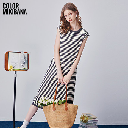 Mikibana无袖正肩条纹长款慵懒T恤裙休闲长裙连衣裙J410D3200